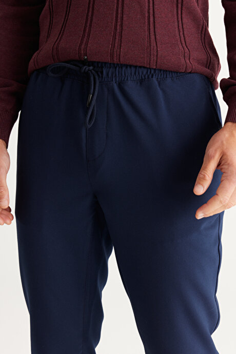 Slim Fit Rahat Kesim Beli Bağlamalı Yan Cepli Esnek Jogger Lacivert Pantolon resmi