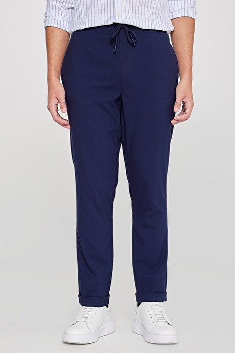 Slim Fit Rahat Kesim Beli Bağlamalı Yan Cepli Esnek Jogger Lacivert Pantolon resmi