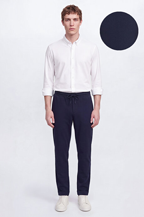 Non-Iron Ütü Gerektirmeyen Diz İzi Yapmayan Beli Bağlamalı Slim Fit Dar Kesim Jogger Lacivert Pantolon resmi