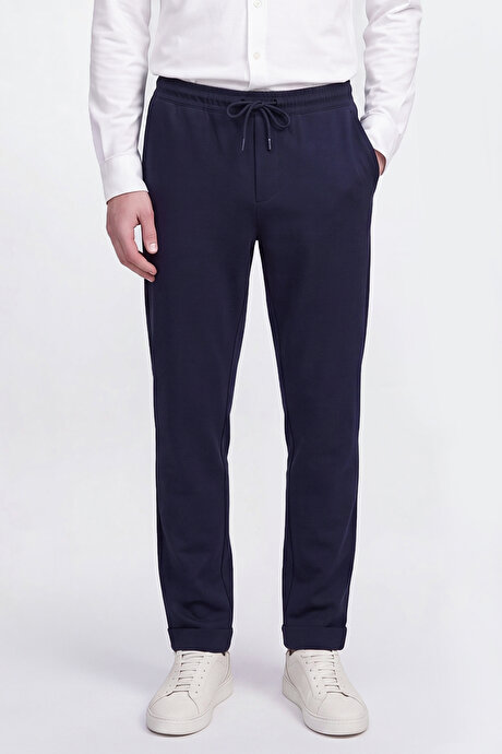 Non-Iron Ütü Gerektirmeyen Diz İzi Yapmayan Beli Bağlamalı Slim Fit Dar Kesim Jogger Lacivert Pantolon resmi