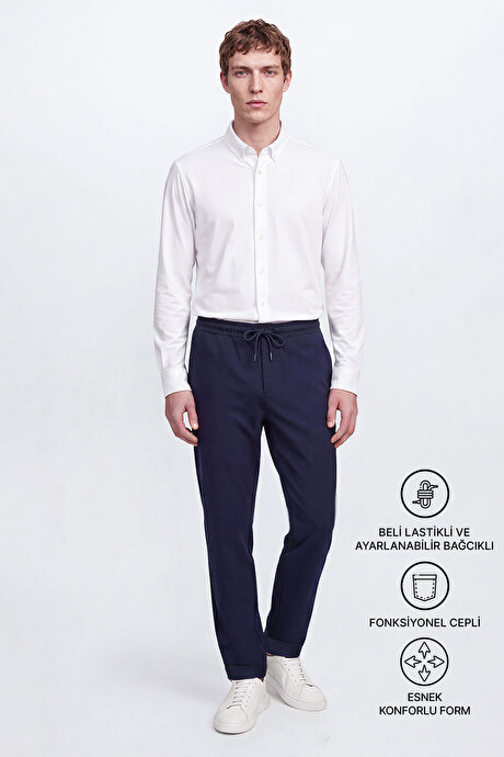 Non-Iron Ütü Gerektirmeyen Diz İzi Yapmayan Beli Bağlamalı Slim Fit Dar Kesim Jogger Lacivert Pantolon resmi