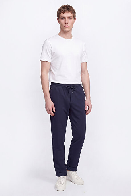 Non-Iron Ütü Gerektirmeyen Diz İzi Yapmayan Beli Bağlamalı Slim Fit Dar Kesim Jogger Lacivert Pantolon resmi