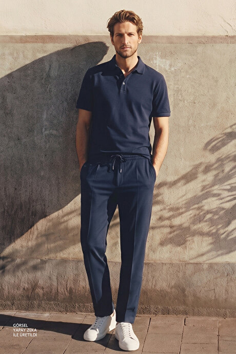 Non-Iron Ütü Gerektirmeyen Diz İzi Yapmayan Beli Bağlamalı Slim Fit Dar Kesim Jogger Lacivert Pantolon resmi