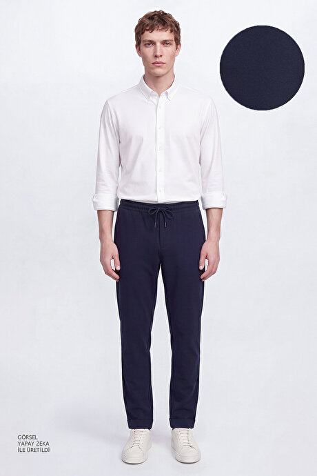 Non-Iron Ütü Gerektirmeyen Diz İzi Yapmayan Beli Bağlamalı Slim Fit Dar Kesim Jogger Lacivert Pantolon resmi