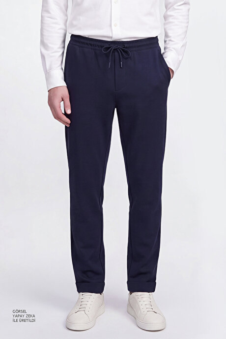 Non-Iron Ütü Gerektirmeyen Diz İzi Yapmayan Beli Bağlamalı Slim Fit Dar Kesim Jogger Lacivert Pantolon resmi