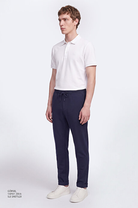 Non-Iron Ütü Gerektirmeyen Diz İzi Yapmayan Beli Bağlamalı Slim Fit Dar Kesim Jogger Lacivert Pantolon resmi