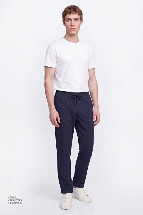 Non-Iron Ütü Gerektirmeyen Diz İzi Yapmayan Beli Bağlamalı Slim Fit Dar Kesim Jogger Lacivert Pantolon resmi