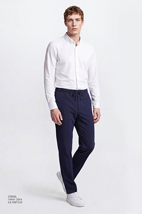 Non-Iron Ütü Gerektirmeyen Diz İzi Yapmayan Beli Bağlamalı Slim Fit Dar Kesim Jogger Lacivert Pantolon resmi
