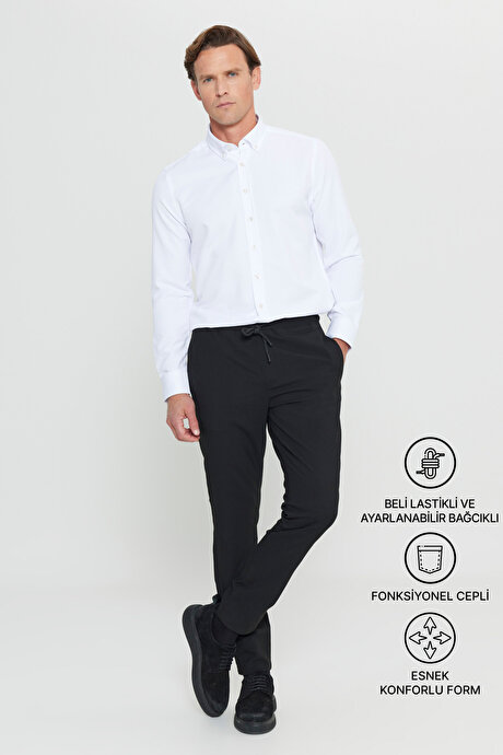 Slim Fit Rahat Kesim Beli Bağlamalı Yan Cepli Esnek Jogger Siyah Pantolon resmi