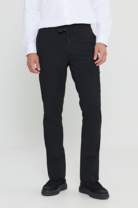 Slim Fit Rahat Kesim Beli Bağlamalı Yan Cepli Esnek Jogger Siyah Pantolon resmi