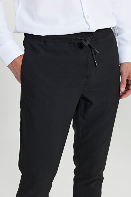 Slim Fit Rahat Kesim Beli Bağlamalı Yan Cepli Esnek Jogger Siyah Pantolon resmi