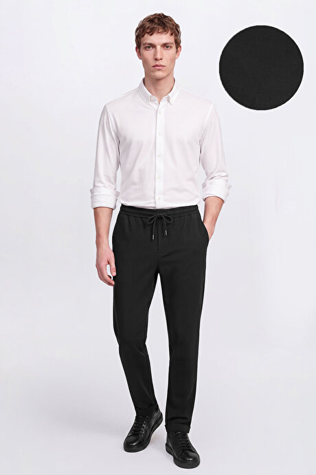 Non-Iron Ütü Gerektirmeyen Diz İzi Yapmayan Beli Bağlamalı Slim Fit Dar Kesim Jogger Siyah Pantolon resmi