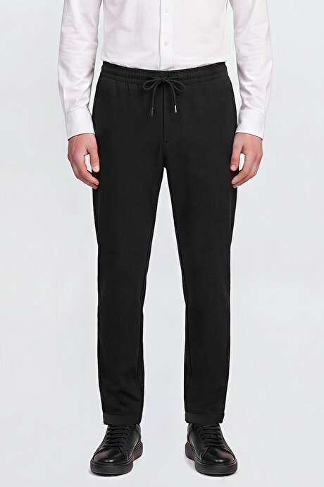 Non-Iron Ütü Gerektirmeyen Diz İzi Yapmayan Beli Bağlamalı Slim Fit Dar Kesim Jogger Siyah Pantolon resmi