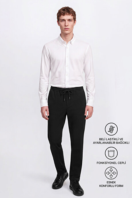 Non-Iron Ütü Gerektirmeyen Diz İzi Yapmayan Beli Bağlamalı Slim Fit Dar Kesim Jogger Siyah Pantolon resmi