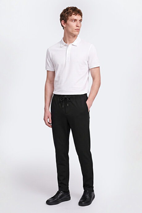 Non-Iron Ütü Gerektirmeyen Diz İzi Yapmayan Beli Bağlamalı Slim Fit Dar Kesim Jogger Siyah Pantolon resmi