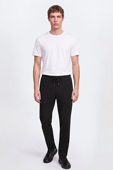 Non-Iron Ütü Gerektirmeyen Diz İzi Yapmayan Beli Bağlamalı Slim Fit Dar Kesim Jogger Siyah Pantolon resmi