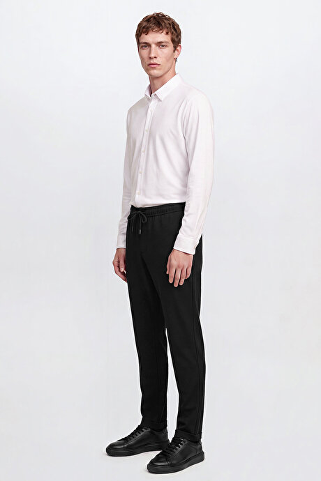 Non-Iron Ütü Gerektirmeyen Diz İzi Yapmayan Beli Bağlamalı Slim Fit Dar Kesim Jogger Siyah Pantolon resmi