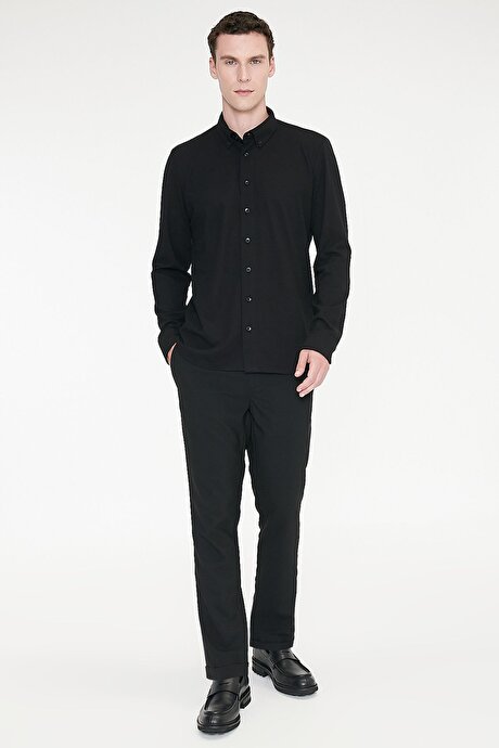 Non-Iron Ütü Gerektirmeyen Diz İzi Yapmayan Beli Bağlamalı Slim Fit Dar Kesim Jogger Siyah Pantolon resmi