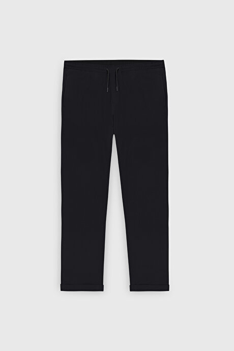 Non-Iron Ütü Gerektirmeyen Diz İzi Yapmayan Beli Bağlamalı Slim Fit Dar Kesim Jogger Siyah Pantolon resmi