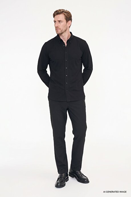 Non-Iron Ütü Gerektirmeyen Diz İzi Yapmayan Beli Bağlamalı Slim Fit Dar Kesim Jogger Siyah Pantolon resmi