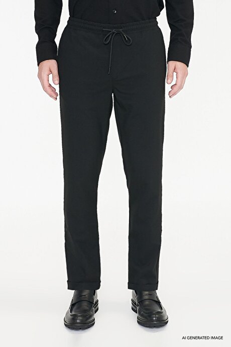 Non-Iron Ütü Gerektirmeyen Diz İzi Yapmayan Beli Bağlamalı Slim Fit Dar Kesim Jogger Siyah Pantolon resmi
