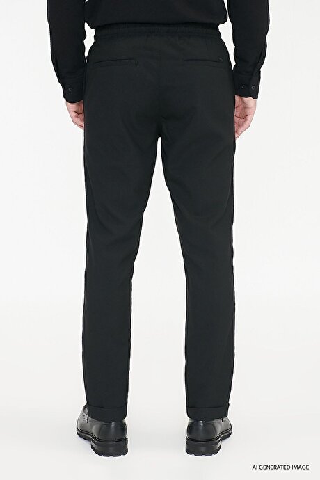 Non-Iron Ütü Gerektirmeyen Diz İzi Yapmayan Beli Bağlamalı Slim Fit Dar Kesim Jogger Siyah Pantolon resmi