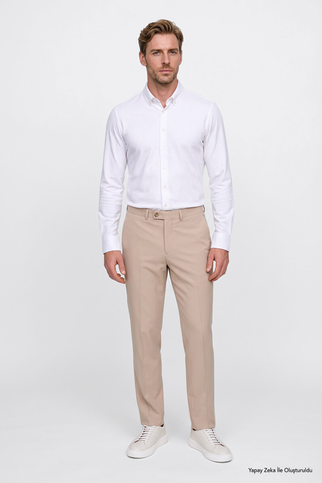 Comfort Fit Rahat Kesim Yan Cepli Klasik Bej Pantolon resmi