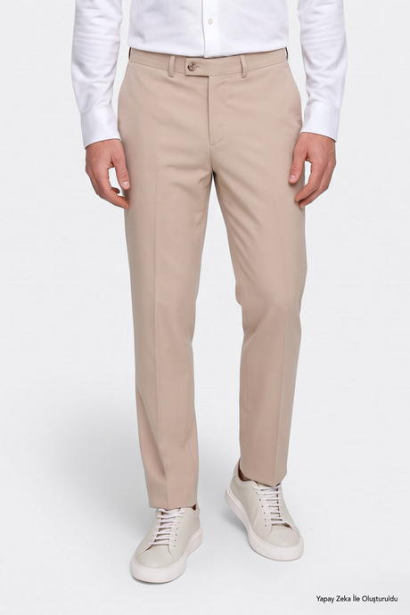 Comfort Fit Rahat Kesim Yan Cepli Klasik Bej Pantolon resmi