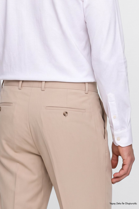 Comfort Fit Rahat Kesim Yan Cepli Klasik Bej Pantolon resmi