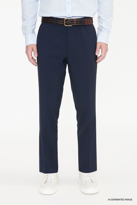 Comfort Fit Rahat Kesim Yan Cepli Klasik Lacivert Pantolon resmi