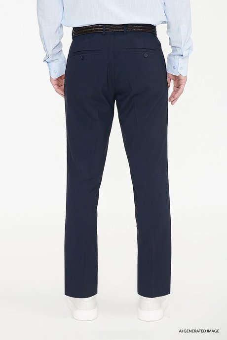 Comfort Fit Rahat Kesim Yan Cepli Klasik Lacivert Pantolon resmi