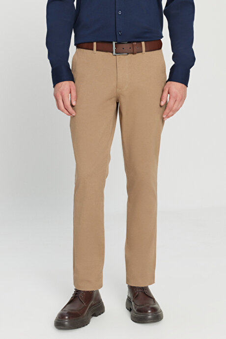 Slim Fit Dar Kesim Yan Cep Pamuklu Esnek Camel Chino Pantolon resmi