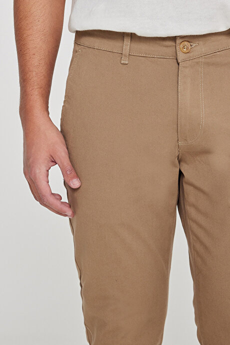 Slim Fit Dar Kesim Yan Cep Pamuklu Esnek Camel Chino Pantolon resmi