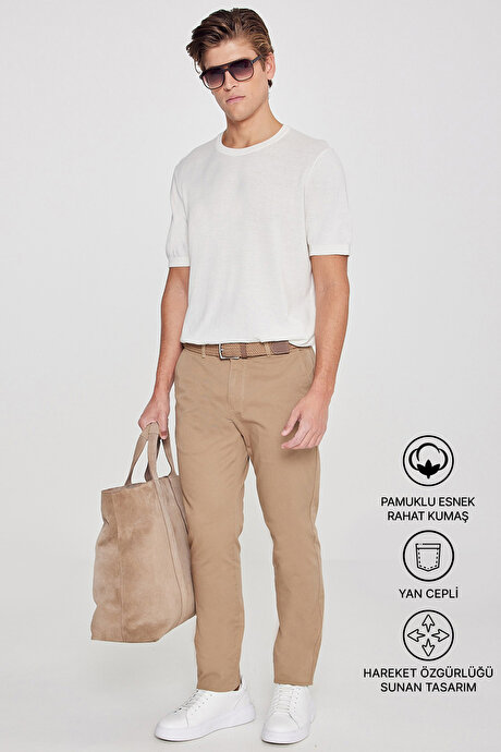 Slim Fit Dar Kesim Yan Cep Pamuklu Esnek Camel Chino Pantolon resmi
