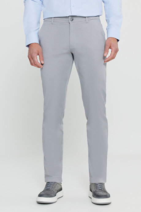 Slim Fit Dar Kesim Yan Cep Pamuklu Esnek Gri Chino Pantolon resmi