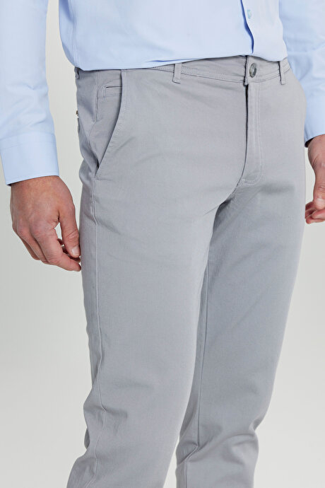 Slim Fit Dar Kesim Yan Cep Pamuklu Esnek Gri Chino Pantolon resmi