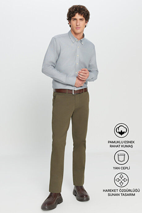 Slim Fit Dar Kesim Yan Cep Pamuklu Esnek Haki Chino Pantolon resmi