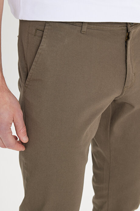 Slim Fit Dar Kesim Yan Cep Pamuklu Esnek Haki Chino Pantolon resmi
