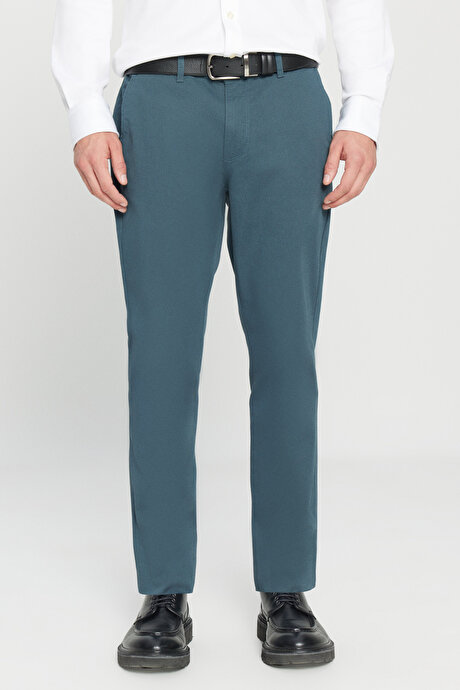 Slim Fit Dar Kesim Yan Cep Pamuklu Esnek Petrol Chino Pantolon resmi