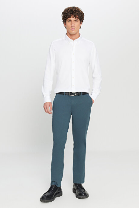 Slim Fit Dar Kesim Yan Cep Pamuklu Esnek Petrol Chino Pantolon resmi