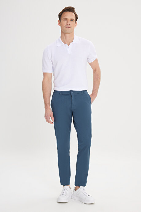 Slim Fit Dar Kesim Yan Cep Pamuklu Esnek Petrol Chino Pantolon resmi