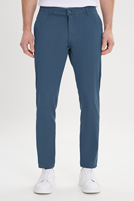 Slim Fit Dar Kesim Yan Cep Pamuklu Esnek Petrol Chino Pantolon resmi