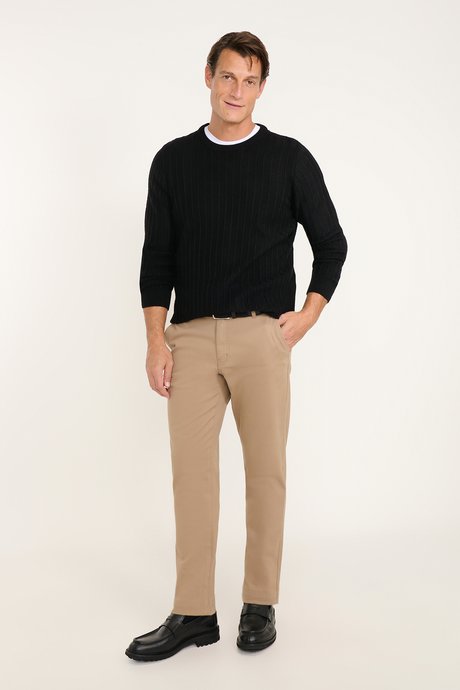 Pamuklu Tapered Fit Yan Cepli Diagonal Desenli Esnek Casual Camel Chino Pantolon resmi