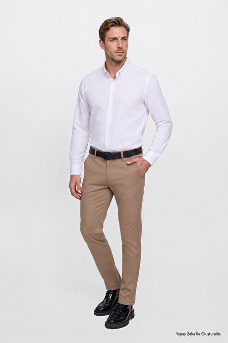 Pamuklu Tapered Fit Yan Cepli Diagonal Desenli Esnek Casual Camel Chino Pantolon resmi
