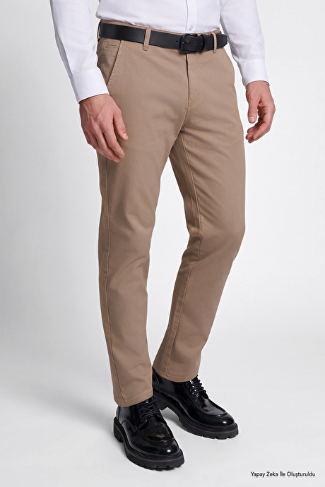 Pamuklu Tapered Fit Yan Cepli Diagonal Desenli Esnek Casual Camel Chino Pantolon resmi