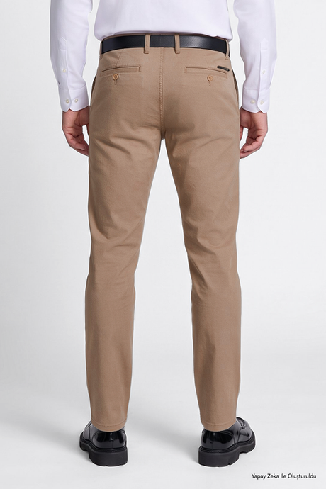 Pamuklu Tapered Fit Yan Cepli Diagonal Desenli Esnek Casual Camel Chino Pantolon resmi