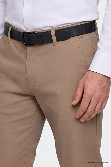 Pamuklu Tapered Fit Yan Cepli Diagonal Desenli Esnek Casual Camel Chino Pantolon resmi