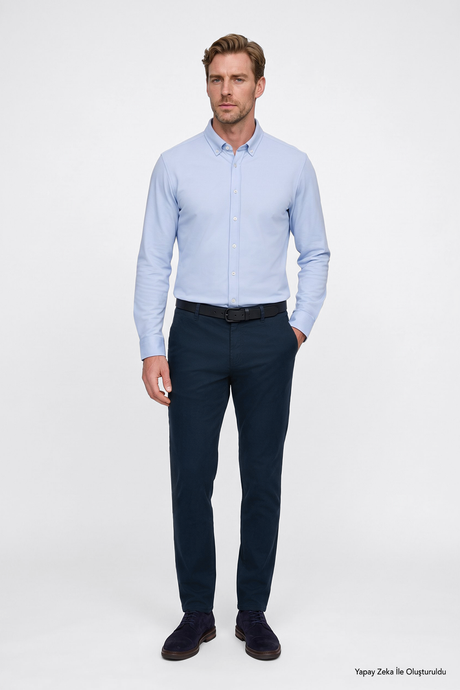 Pamuklu Tapered Fit Yan Cepli Diagonal Desenli Esnek Casual Lacivert Chino Pantolon resmi