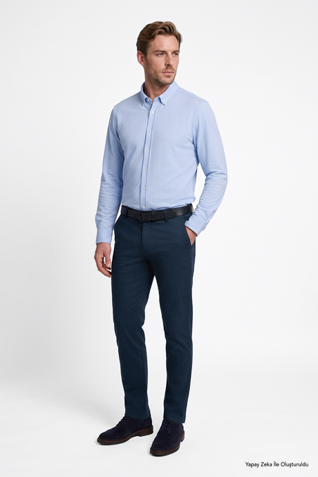 Pamuklu Tapered Fit Yan Cepli Diagonal Desenli Esnek Casual Lacivert Chino Pantolon resmi