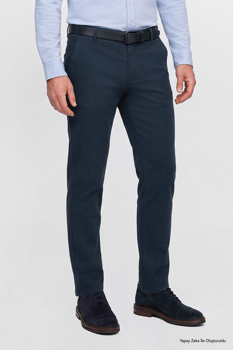 Pamuklu Tapered Fit Yan Cepli Diagonal Desenli Esnek Casual Lacivert Chino Pantolon resmi